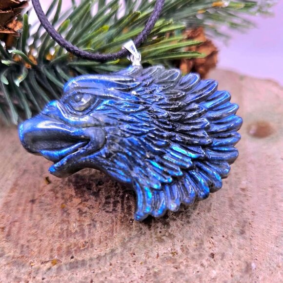Nature Labradorite Flashy Strong Eagle Head Pendant Necklace - Picture 1 of 10